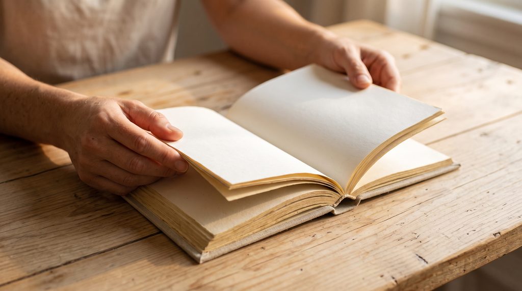 Mãos segurando com delicadeza um livro aberto, transmitindo a ideia de memórias, histórias reais e reflexão.